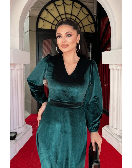 Kadın Uzun Kollu V Yaka Kuşak Dahil Kadife Kumaş idi Boy Elbise