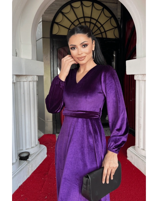 Kadın Uzun Kollu V Yaka Kuşak Dahil Kadife Kumaş idi Boy Elbise