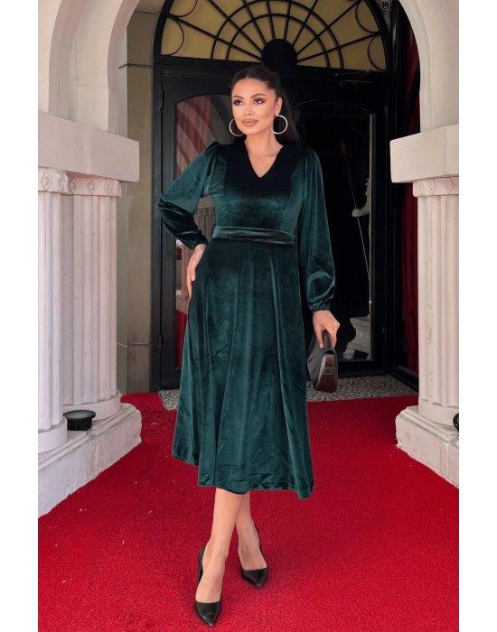 Kadın Uzun Kollu V Yaka Kuşak Dahil Kadife Kumaş idi Boy Elbise