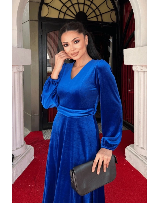 Kadın Uzun Kollu V Yaka Kuşak Dahil Kadife Kumaş idi Boy Elbise