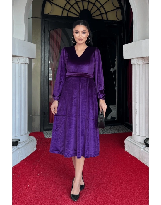 Kadın Uzun Kollu V Yaka Kuşak Dahil Kadife Kumaş idi Boy Elbise