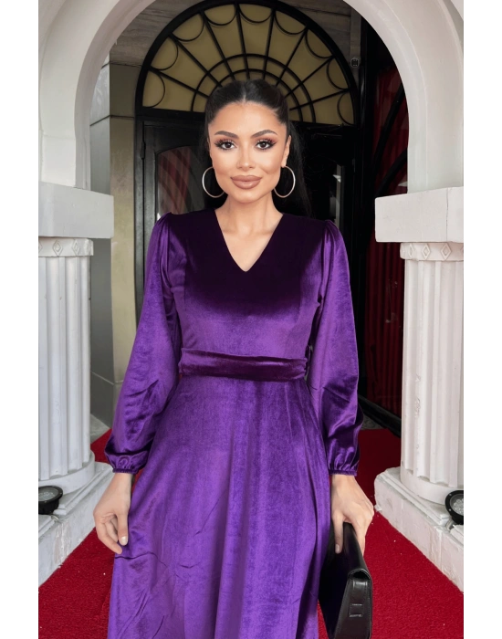 Kadın Uzun Kollu V Yaka Kuşak Dahil Kadife Kumaş idi Boy Elbise