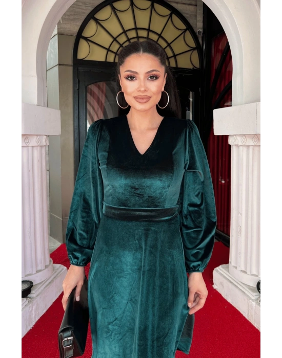 Kadın Uzun Kollu V Yaka Kuşak Dahil Kadife Kumaş idi Boy Elbise