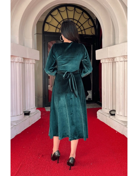 Kadın Uzun Kollu V Yaka Kuşak Dahil Kadife Kumaş idi Boy Elbise