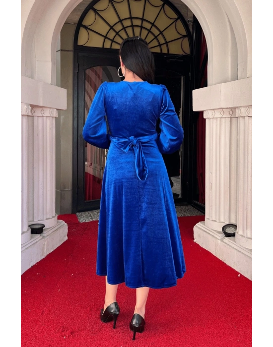 Kadın Uzun Kollu V Yaka Kuşak Dahil Kadife Kumaş idi Boy Elbise