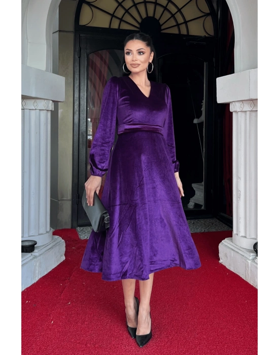 Kadın Uzun Kollu V Yaka Kuşak Dahil Kadife Kumaş idi Boy Elbise