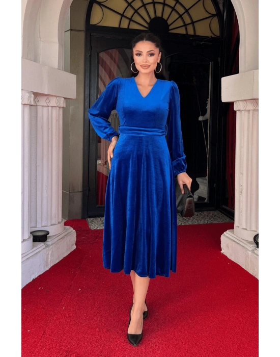 Kadın Uzun Kollu V Yaka Kuşak Dahil Kadife Kumaş idi Boy Elbise