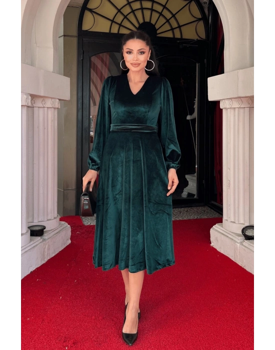 Kadın Uzun Kollu V Yaka Kuşak Dahil Kadife Kumaş idi Boy Elbise