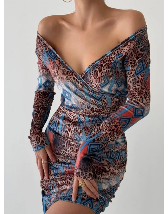 Kadın Uzun Kollu V Yaka Leopar Etnik Desen Fırsat ürün Mini Kruvaze Elbise