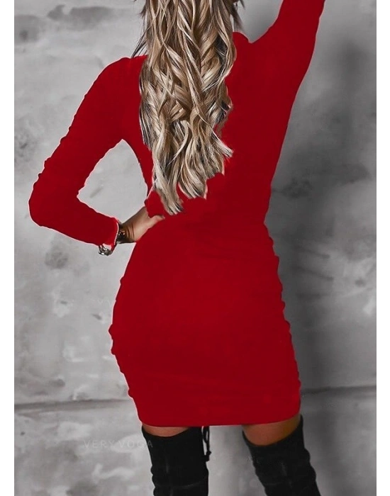 Kadın Uzun Kollu V Yaka önden Yırtmaç Büzgü Detay Kaşkorse Mini Boy Elbise