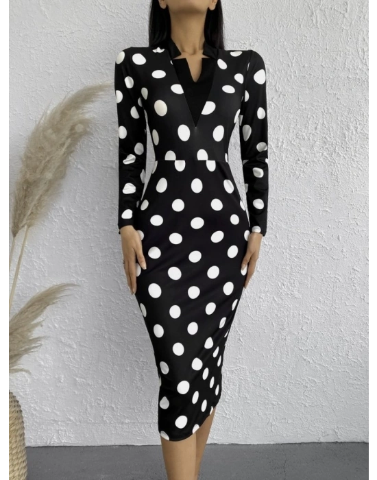 Kadın Uzun Kollu V Yaka Puantiyeli Krep Midi Boy Elbise