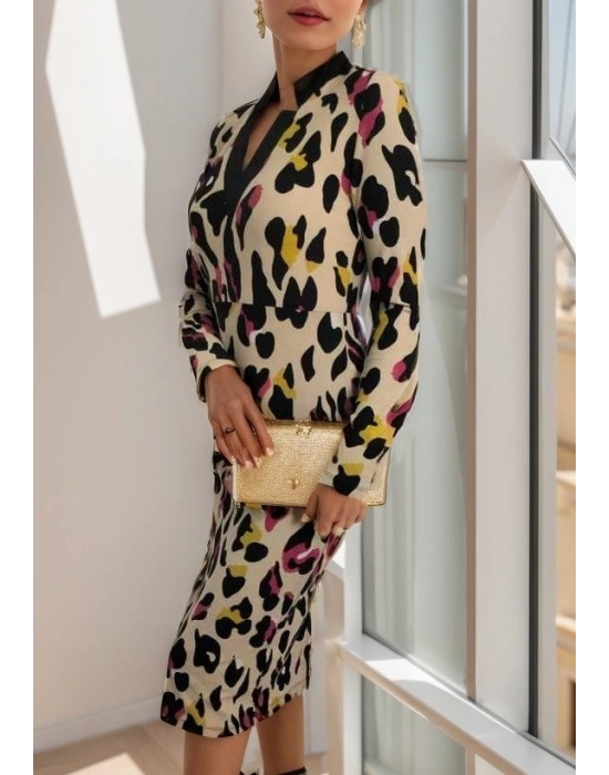 Kadın Uzun Kollu V Yaka Puantiyeli Krep Midi Boy Elbise