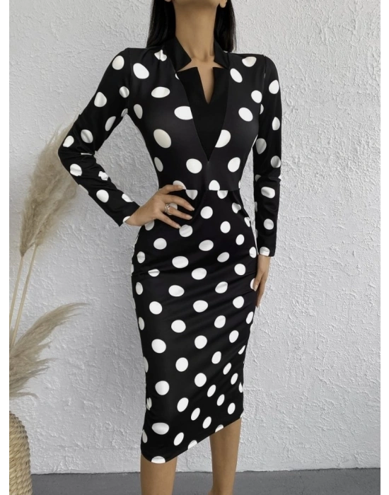 Kadın Uzun Kollu V Yaka Puantiyeli Krep Midi Boy Elbise