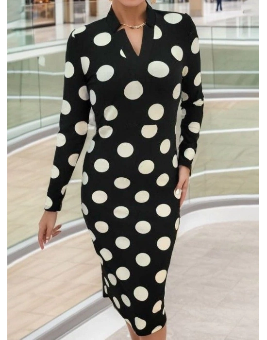 Kadın Uzun Kollu V Yaka Puantiyeli Krep Midi Boy Elbise