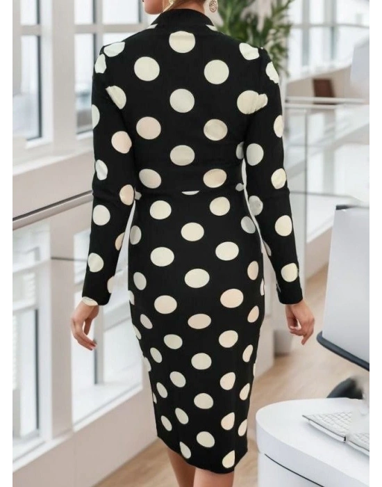 Kadın Uzun Kollu V Yaka Puantiyeli Krep Midi Boy Elbise