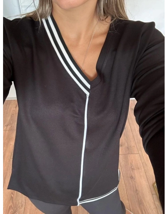 Kadın Uzun Kollu V Yaka Ribana Detay Kristal Kumaş Bluz