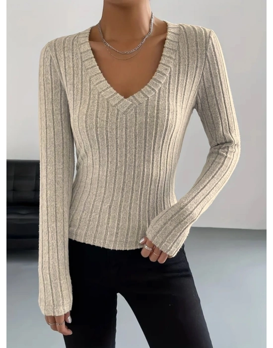 Kadın Uzun Kollu V Yaka şardonlu Kaşkorse Bluz