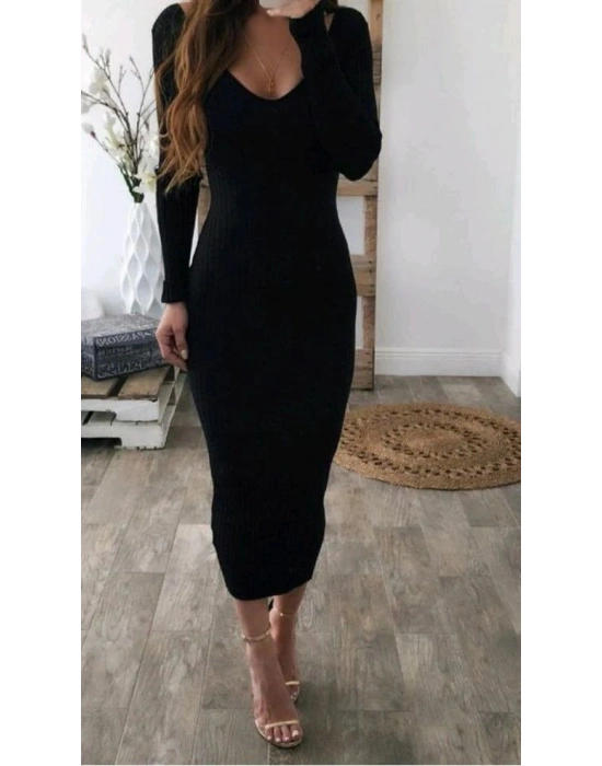 Kadın Uzun Kollu V Yaka şardonlu Kaşkorse Midi Boy Elbise