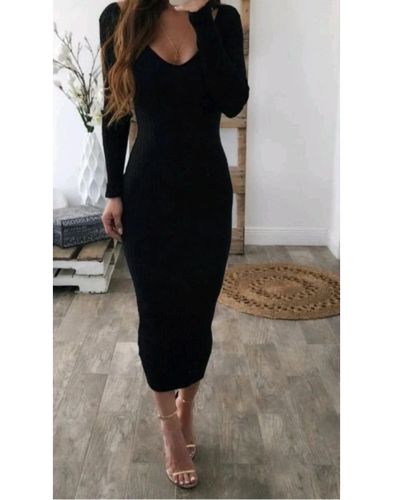 Kadın Uzun Kollu V Yaka şardonlu Kaşkorse Midi Boy Elbise