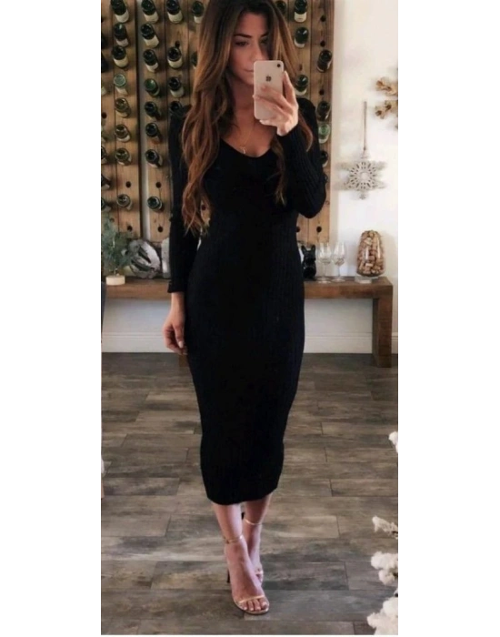 Kadın Uzun Kollu V Yaka şardonlu Kaşkorse Midi Boy Elbise