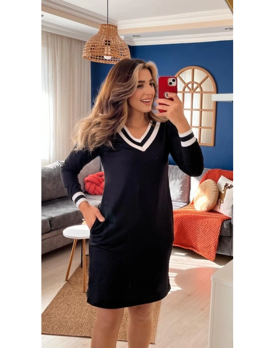 Kadın Uzun Kollu V Yaka şeritli Iki Iplik Salaş Elbise