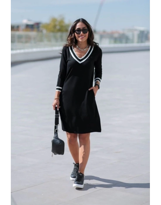 Kadın Uzun Kollu V Yaka şeritli Iki Iplik Salaş Elbise