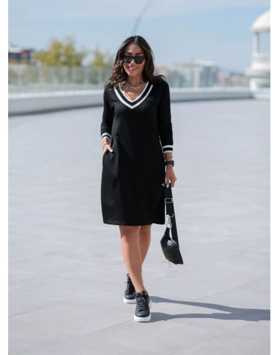 Kadın Uzun Kollu V Yaka şeritli Iki Iplik Salaş Elbise