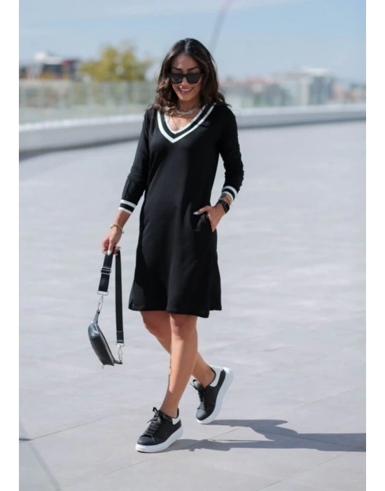 Kadın Uzun Kollu V Yaka şeritli Iki Iplik Salaş Elbise