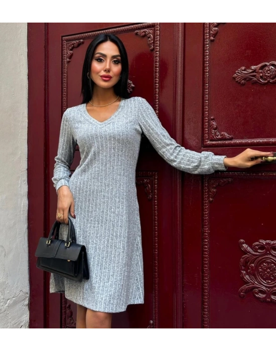 Kadın Uzun Kollu V Yaka Uzun Kol şardonlu Kaşkorse Midi Elbise