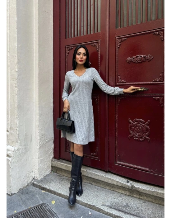 Kadın Uzun Kollu V Yaka Uzun Kol şardonlu Kaşkorse Midi Elbise