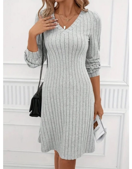 Kadın Uzun Kollu V Yaka Uzun Kol şardonlu Kaşkorse Midi Elbise