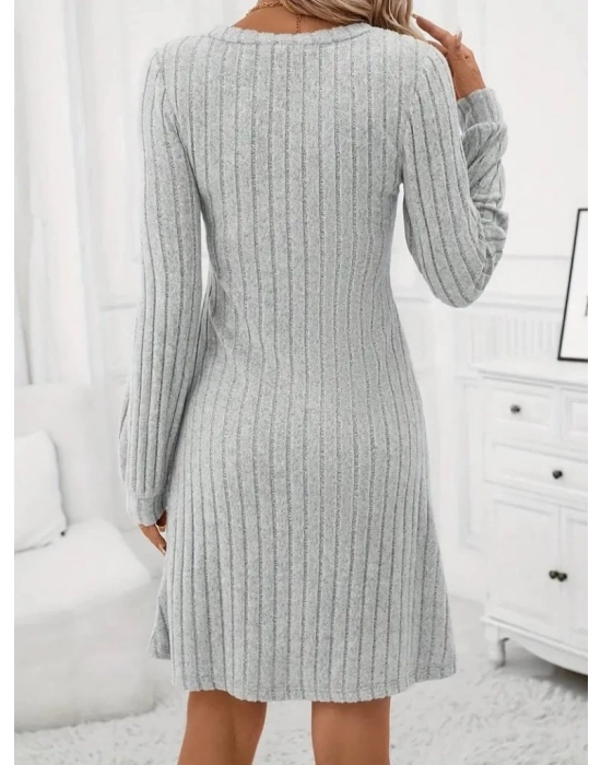 Kadın Uzun Kollu V Yaka Uzun Kol şardonlu Kaşkorse Midi Elbise