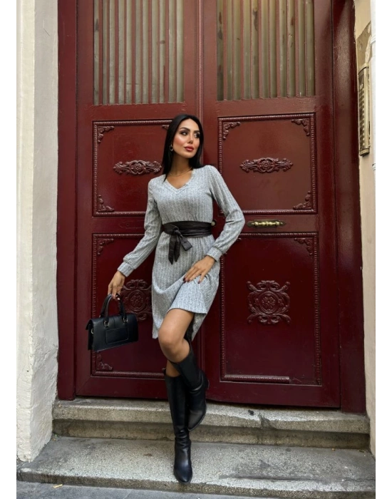 Kadın Uzun Kollu V Yaka Uzun Kol şardonlu Kaşkorse Midi Elbise