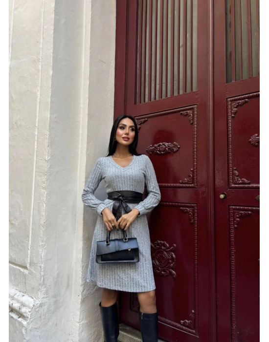 Kadın Uzun Kollu V Yaka Uzun Kol şardonlu Kaşkorse Midi Elbise