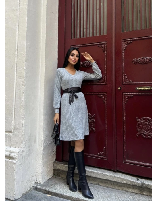 Kadın Uzun Kollu V Yaka Uzun Kol şardonlu Kaşkorse Midi Elbise