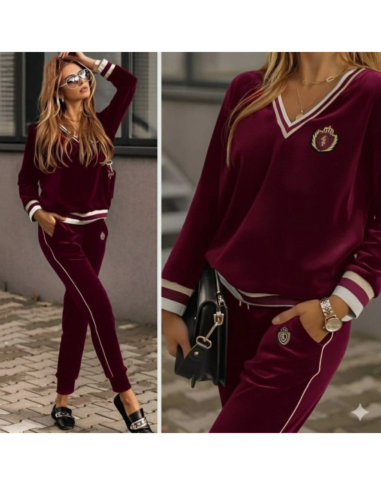 Kadın Uzun Kollu V Yaka Yakası Ve Kol Ağzı şerit Detay Kadife Takım