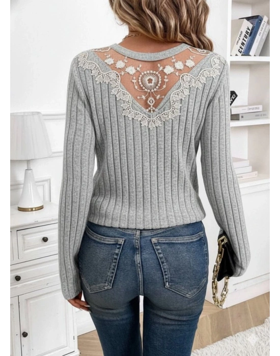 Kadın Uzun Kollu V Yakalı Arkadan Dantel Detaylı şardonlu Kaşkorse Bluz