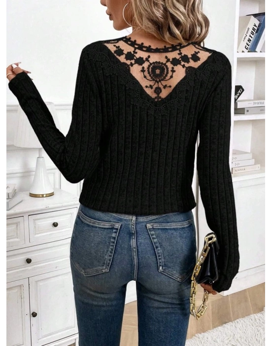 Kadın Uzun Kollu V Yakalı Arkadan Dantel Detaylı şardonlu Kaşkorse Bluz
