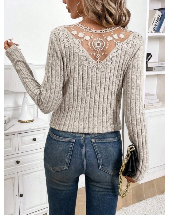 Kadın Uzun Kollu V Yakalı Arkadan Dantel Detaylı şardonlu Kaşkorse Bluz