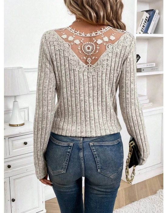 Kadın Uzun Kollu V Yakalı Arkadan Dantel Detaylı şardonlu Kaşkorse Bluz