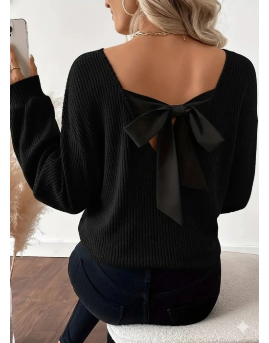 Kadın Uzun Kollu V Yakalı Arkadan Kurdela Detaylı şardonlu Kaşkorse Bluz