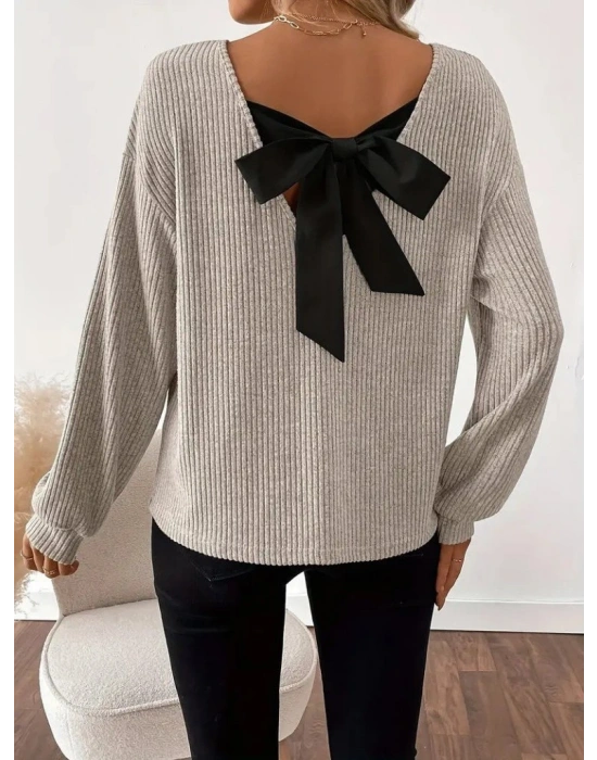 Kadın Uzun Kollu V Yakalı Arkadan Kurdela Detaylı şardonlu Kaşkorse Bluz