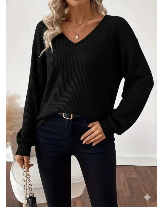 Kadın Uzun Kollu V Yakalı Arkadan Kurdela Detaylı şardonlu Kaşkorse Bluz