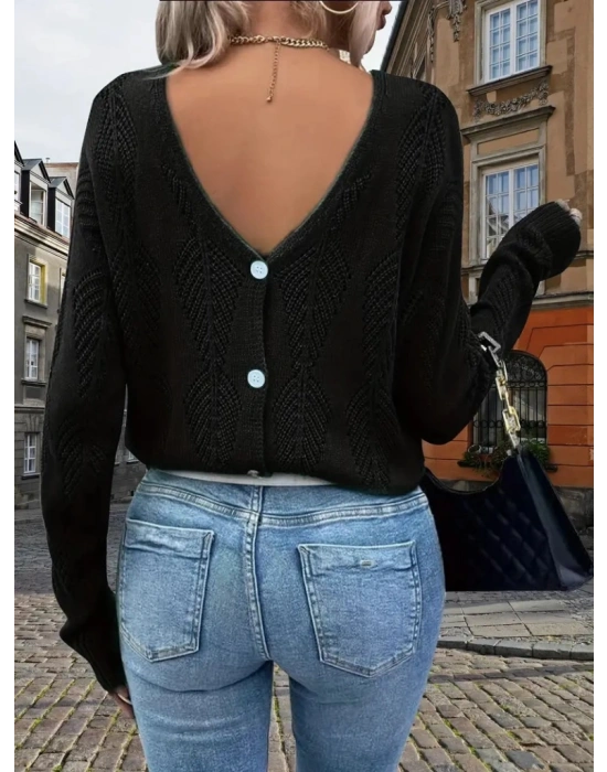 Kadın Uzun Kollu V Yakalı Arkası Düğmeli Triko Bluz