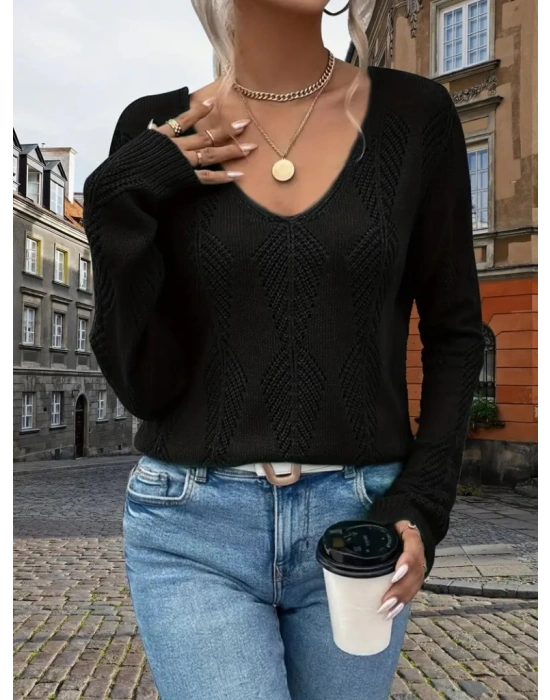 Kadın Uzun Kollu V Yakalı Arkası Düğmeli Triko Bluz