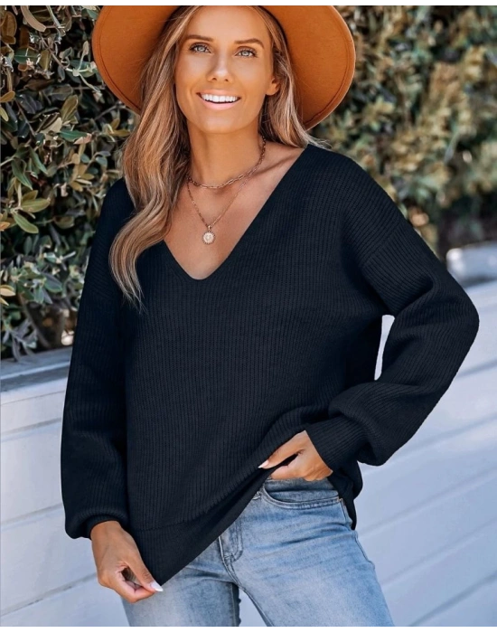 Kadın Uzun Kollu V Yakalı Arkası Kurdelalı Triko Bluz