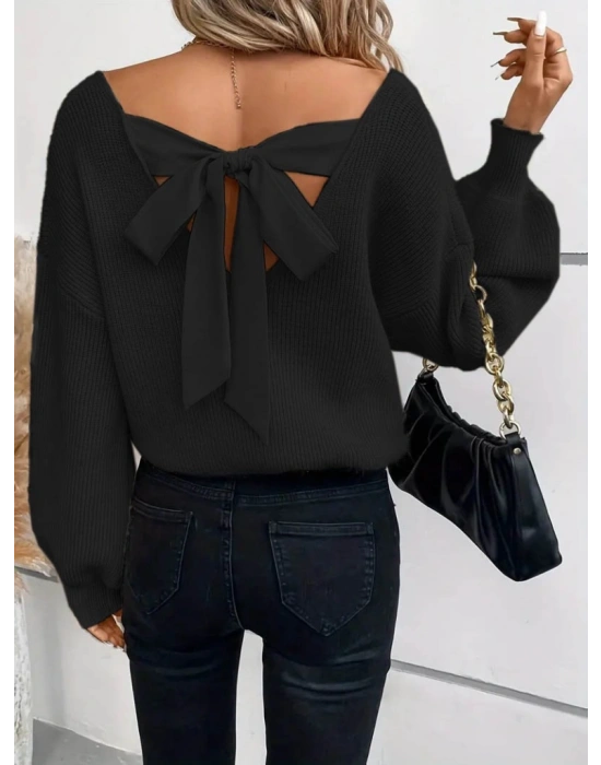 Kadın Uzun Kollu V Yakalı Arkası Kurdelalı Triko Bluz