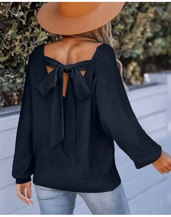 Kadın Uzun Kollu V Yakalı Arkası Kurdelalı Triko Bluz