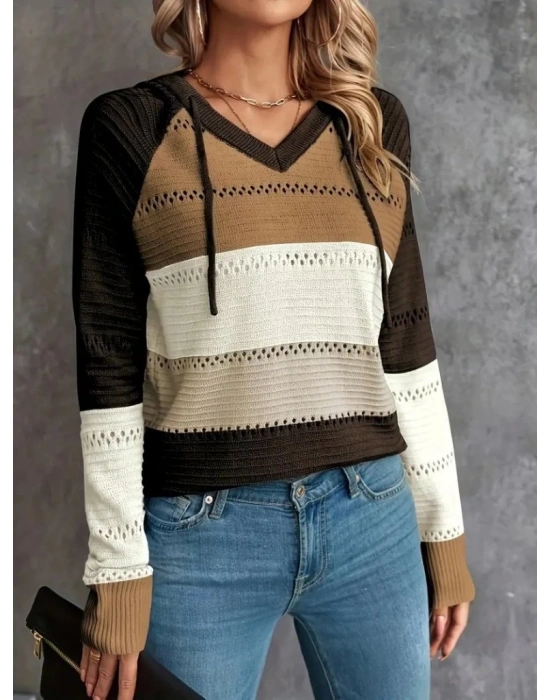 Kadın Uzun Kollu V Yakalı Bağcıklı Kapşonlu Triko Bluz