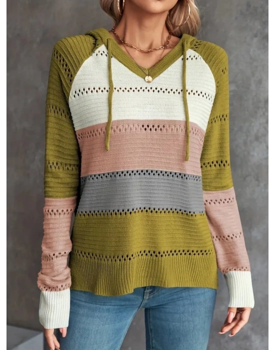 Kadın Uzun Kollu V Yakalı Bağcıklı Kapşonlu Triko Bluz